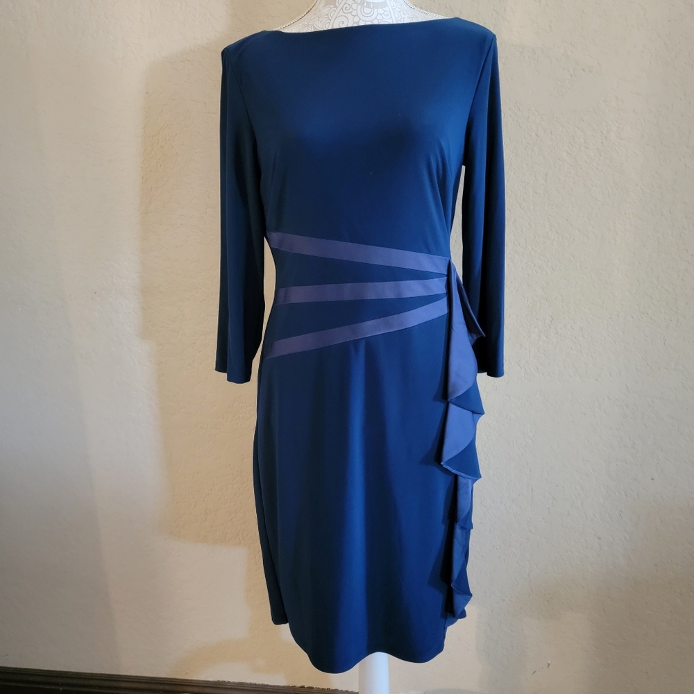 American Living Women's Navy Satin Ruffle Sheath Dress Sz 10